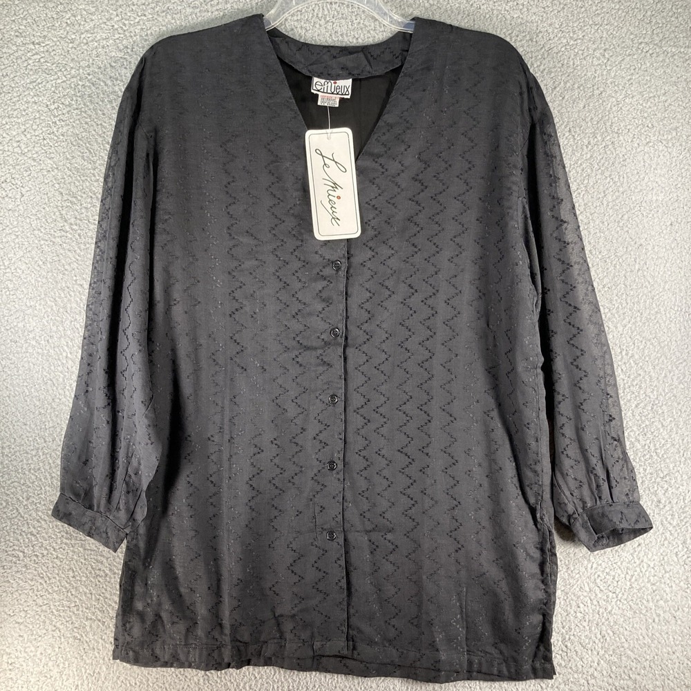 VTG Le Mieux Button Up Blouse Womens S NEW Black Textured Chevron V-Neck ELB-803